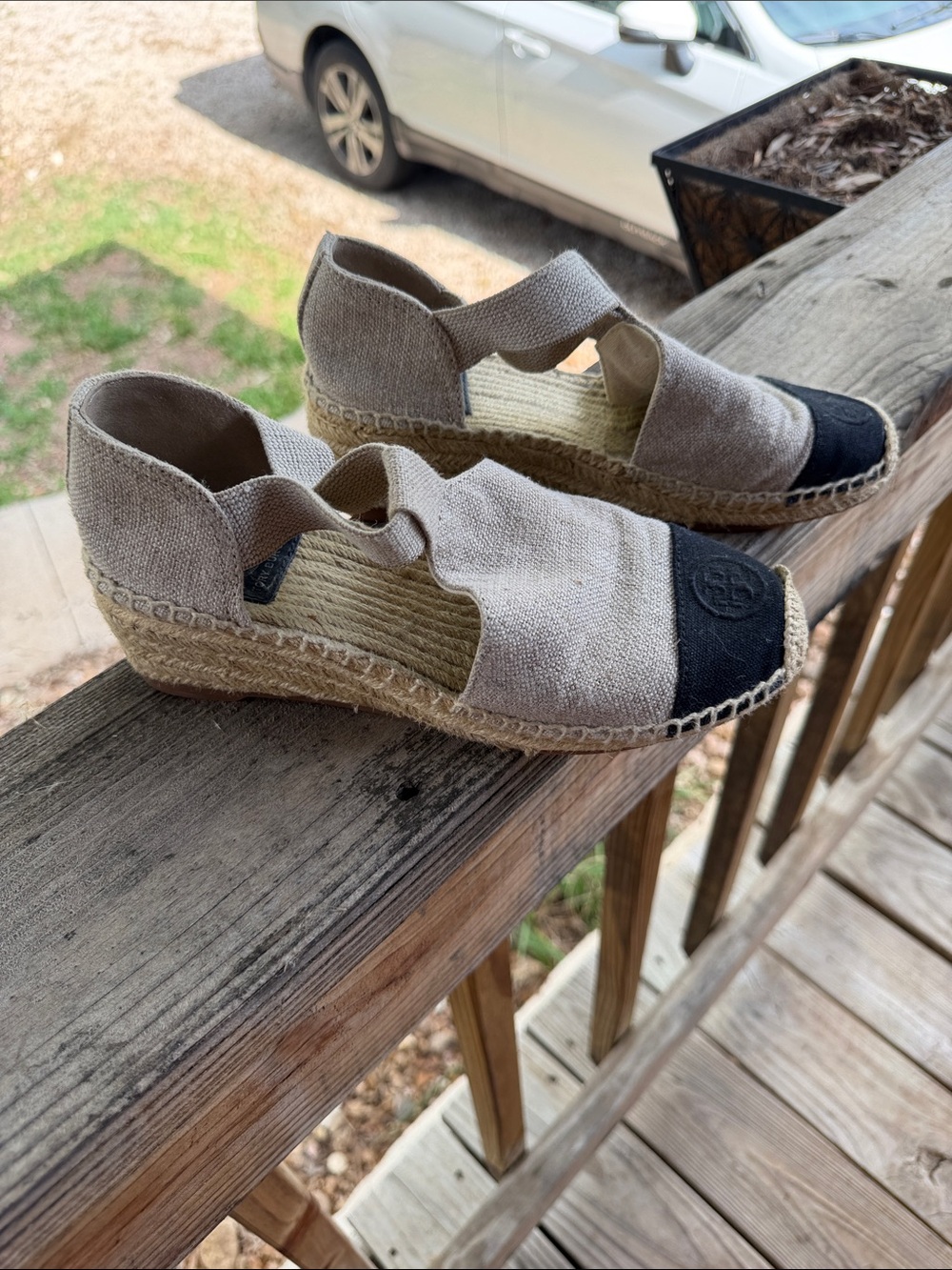 Tory Burch Natural Canvas Wedge Espadrilles with Black Toe
